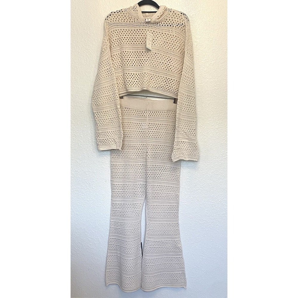 Sincerely Jules Women Cream Crochet Knit 2 Piece‎ Set Crop Hoodie Flare Pants L
